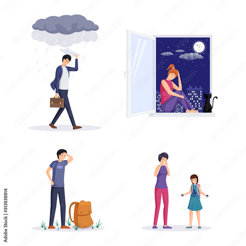 People in depression vector illustrations set. Angry man walking while raining, tired guy with backpack. Young girl in bad mood sitting on window sill at night, mom and daughter argument