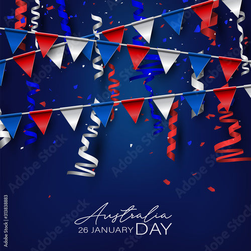 Happy Australia Day poster or banner. National holiday background design. Bunting flags and confetti. Vector illustration.