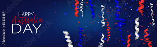 Happy Australia Day poster or banner. National holiday background design. Confetti over wooden wall. Website or newsletter header. Vector illustration.