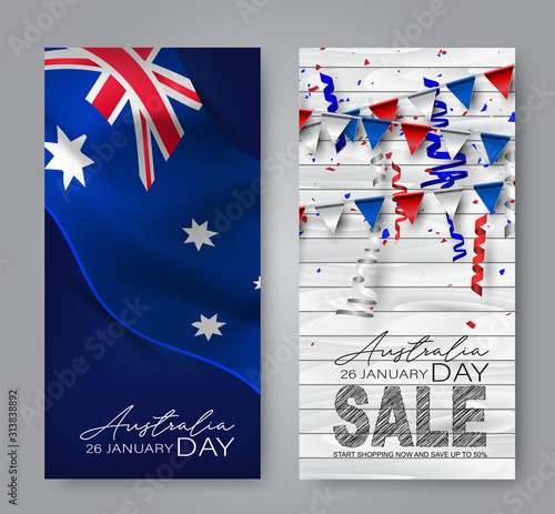 Happy Australia Day vertical banner set. National holiday background design. Bunting flags and confetti. Vector illustration.