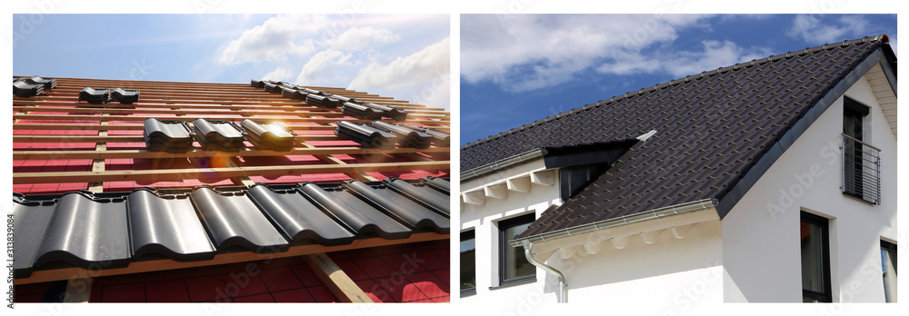 Collage with various roofing pictures - obrazy, fototapety, plakaty 