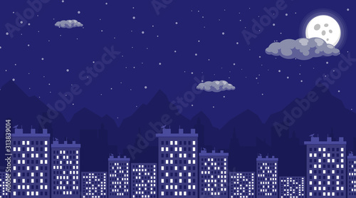 Night city view flat vector illustration. Sleeping quarters at night, cityscape with full moon and starry sky. Residential multi-storey apartment, building, megapolis houses architecture