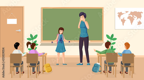 Students at classroom vector illustration. Confused girl with ink stains on clothes at class teacher standing near blackboard. School classroom, schoolchildren at lesson characters