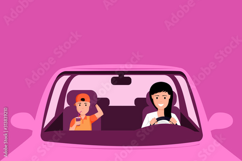 Woman driving pink car illustration. Mother and son sitting at front seats of automobile, family road trip. Young boy drinking soft drink with straw in vehicle isolated on pink background