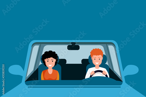 Couple driving blue car illustration. Man and woman characters sitting on front seats of automobile, going on family road trip. Husband and wife driving auto isolate on blue background