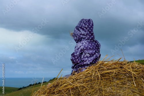 cute young girl on a haystack with her dog photo