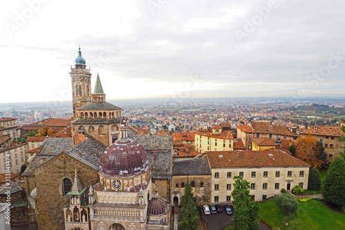 Aerial view of Bergamo old town with Santa Maria Maggiore church