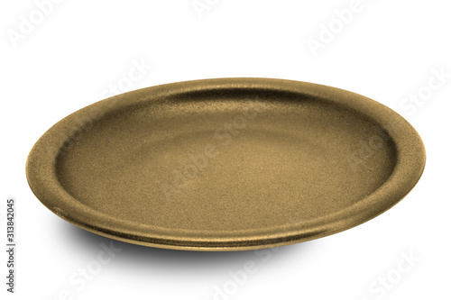 Golden plate isolated on white background.