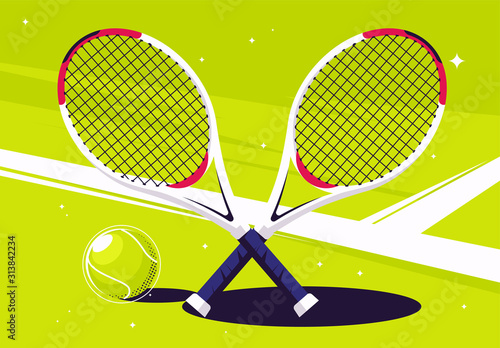 Vector illustration of tennis rackets with a ball lying on a tennis court