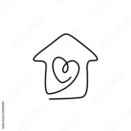 Heart inside the house, love and family symbol, Valentine's Day, greeting card, continuous line drawing, tattoo, print for clothes and logo design, isolated abstract vector illustration.
