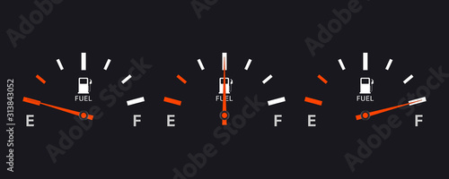 Set of Fuel gauge scales. Fuel meter. Fuel indicator. Gas tank gauge. Oil level tank bar meter. Collection Fuel gauge speedometer on a white background