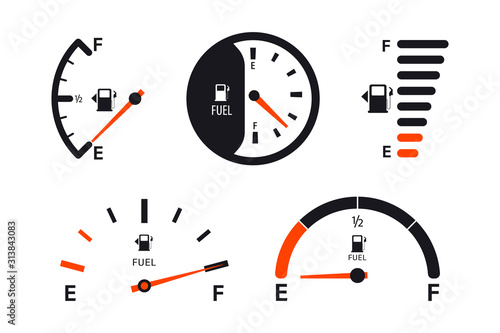 Set of Fuel gauge scales. Fuel meter. Fuel indicator. Gas tank gauge. Oil level tank bar meter. Collection Fuel gauge speedometer on a white background