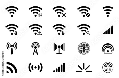 Set of Signal icons. Network signal or Internet Icon. Wireless technology icons. WIFI icons. Wifi signal strength. Radio signals waves and light rays, radar, wifi, antenna and satellite signal symbols