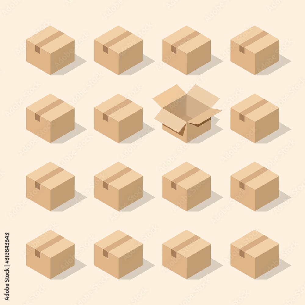 Creative layout pattern with cardboard boxes. Be special, be open among the closed. Minimal industrial concept in isometric style. 3D rendering.Creative layout pattern with cardboard boxes. Be special Creative layout pattern with cardboard boxes. Be special, be open among the closed. Minimal industrial concept in isometric style. 3D rendering.Creative layout pattern with cardboard boxes. Be special