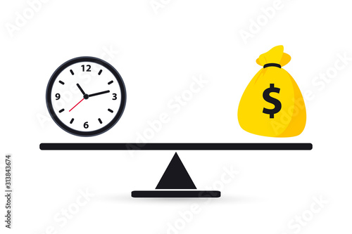 Time is money. Scale weighing money and time. Money and Time balance on the scale. Business Concept. Clock and money bag on scales