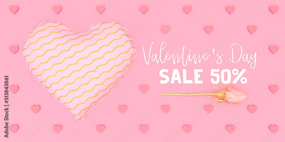 Pink Heart with pattern shopping illustration valentine day on pink background 3d render