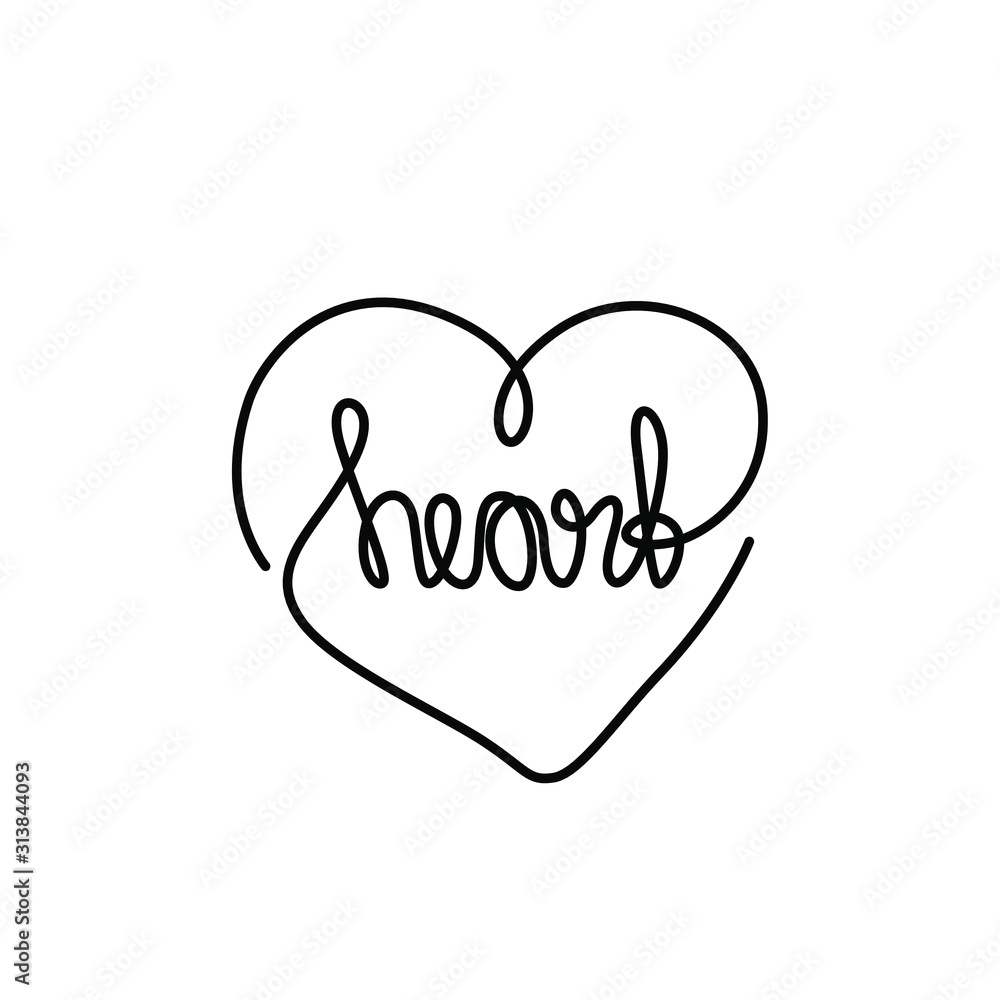 Heart inscription continuous line drawing, tattoo, print for clothes and logo design, one single line on a white background, isolated vector illustration. Hand lettering on Valentine's Day.