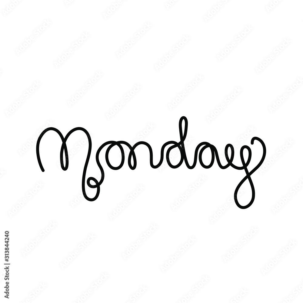 Monday inscription, continuous line drawing, hand lettering, print for clothes, t-shirt, emblem or logo design, one single line on a white background. Isolated vector illustration. Monday inscription, continuous line drawing, hand lettering, print for clothes, t-shirt, emblem or logo design, one single line on a white background. Isolated vector illustration.