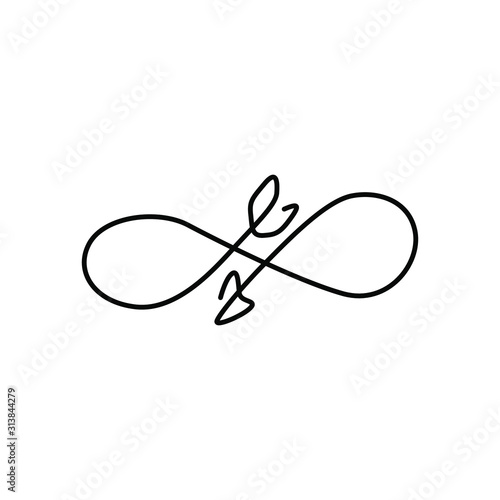 Infinity with arrows, small tattoo, greeting card design, continuous line drawing,  t-shirt, print for clothes and logo design, isolated abstract vector.