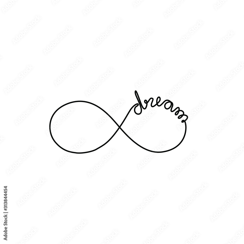 Infinity tattoo, dream, hand written calligraphy lettering text, print for clothes and logo design, t-shirt, emblem or logo design, continuous line drawing. Isolated vector illustration. Infinity tattoo, dream, hand written calligraphy lettering text, print for clothes and logo design, t-shirt, emblem or logo design, continuous line drawing. Isolated vector illustration.
