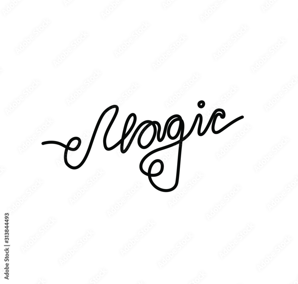 Magic hand lettering, continuous line drawing, print for clothes, t-shirt, emblem or logo design, one single line on a white background. Isolated vector illustration.