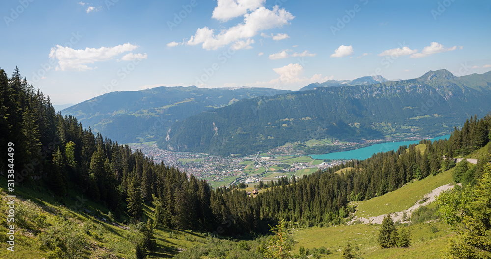 alpine landscape Bernese Oberland, view to Interlaken city. lake Brienzersee and Rothorn mountain