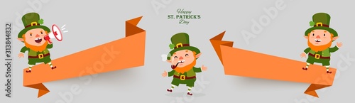 Patricks Day set banner, leprechaun, smoking pipe, shamrock clover, megaphone