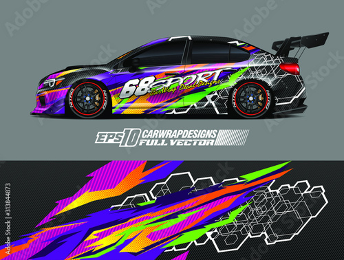 Racing car wrap design vector. Graphic abstract stripe racing background kit designs for wrap vehicle, race car, rally, adventure and livery. Full vector eps 10