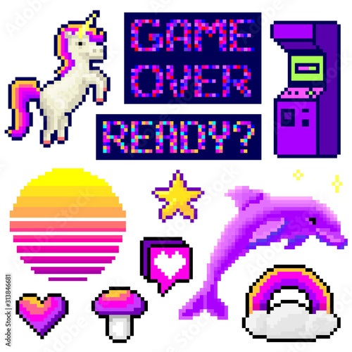 Set of minimalistic pixel art vector objects isolated. game 8 bit style minimalistic pixel graphic symbols group collection. vaporwave