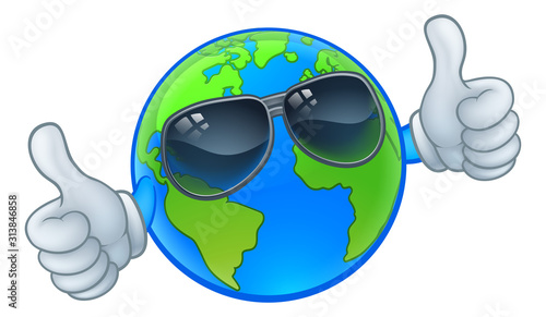 An earth globe world cartoon character mascot wearing shades or sunglasses and giving a thumbs up