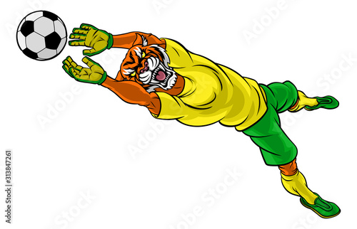 A tiger soccer football player goal keeper cartoon animal sports mascot diving to catch the ball