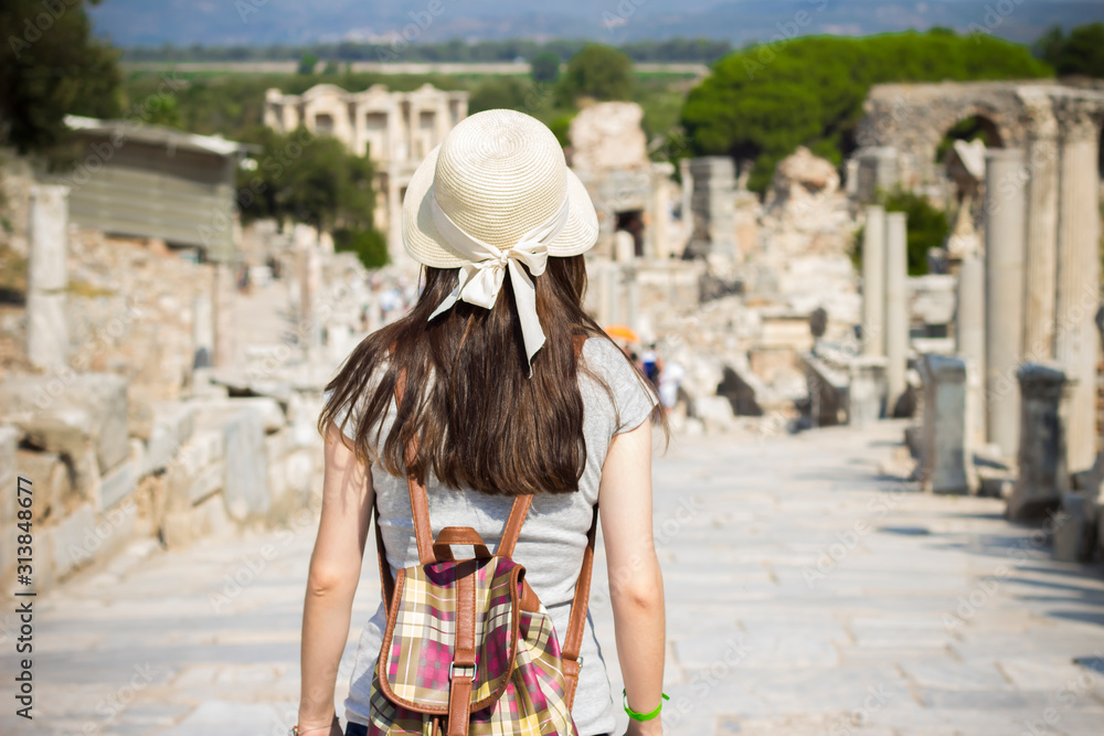 Turkey, a happy tourist woman from the ancient city of Ephesus