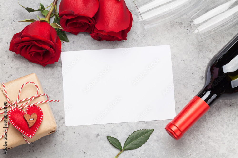 Valentines day with gift, wine and roses - obrazy, fototapety, plakaty 