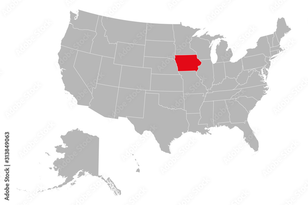 Iowa state highlighted on USA political map vector illustration. Gray background.