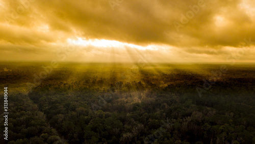 Sun rays shining dramatically through the clouds onto forest canopy.