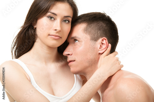 Close-up photo of guy resting head on girl chest