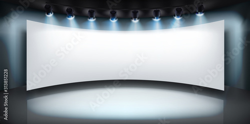 Projection screen on the stage. Show in art gallery. Free space for advertising. Vector illustration.