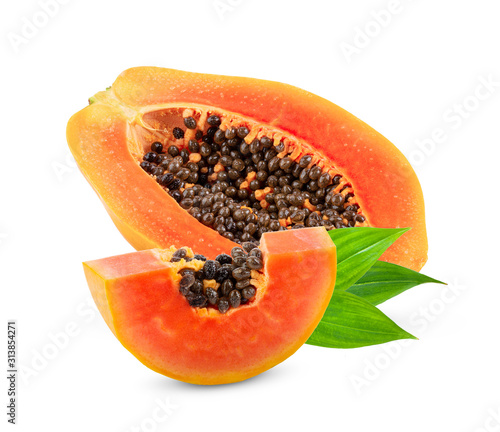 Piece of ripe papaya fruit with seeds isolated on white