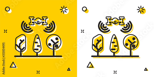 Black Smart farm with drone control and tree icon isolated on yellow and white background. Innovation technology for agricultural company. Random dynamic shapes. Vector Illustration