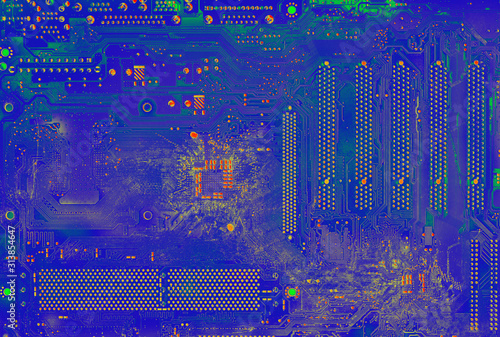 Infrared image of the motherboard. Thermal imaging examination of electronic components