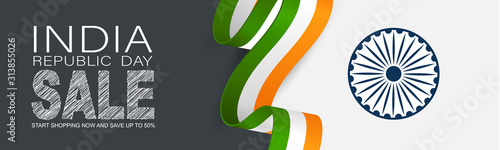 India Republic Day sale banner or header. National Indian holiday design concept with white, orange, and green flag ribbon. Vector illustration.