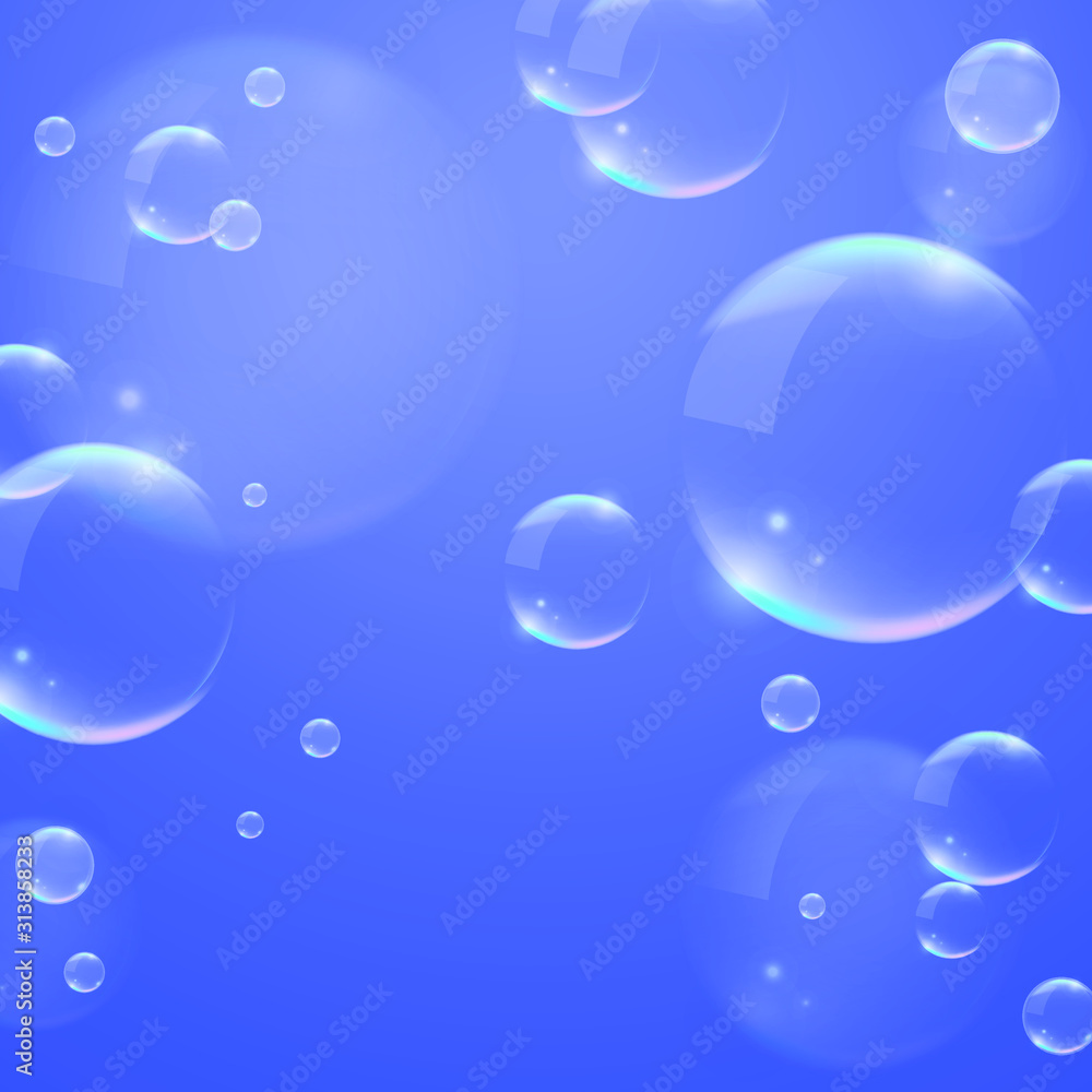 Bubbles on Blue Background . Circle and Liquid , Clear Soapy Shiny , Vector Illustration