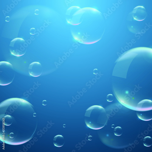 Wallpaper Mural Bubbles on Blue Background . Circle and Liquid , Clear Soapy Shiny , Vector Illustration Torontodigital.ca