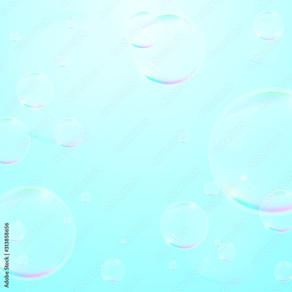 Bubbles on Blue Background . Circle and Liquid , Clear Soapy Shiny , Vector Illustration