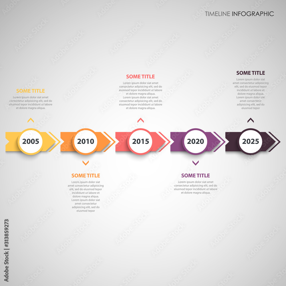 Fototapeta premium Time line info graphic with colorful arrows and round pointers