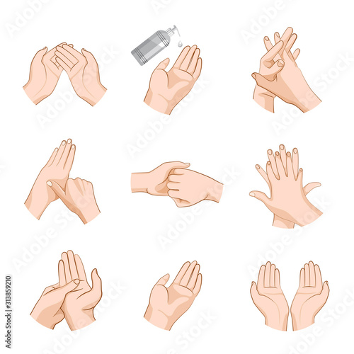 hands. a set of gestures. instructions for hand washing