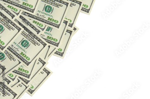 US dollar money cash currency background. Many American Dollars 100 banknote border in the corner . Pile of One hundred US dollar banknotes isolated on white background