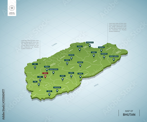 Stylized map of Bhutan. Isometric 3D green map with cities, borders, capital Thimphu, regions. Vector illustration. Editable layers clearly labeled. English language.