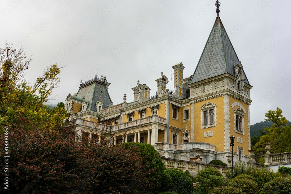 Massandra Palace of Emperor Alexander III on southern coast of Crimea. End of 19th century. Palace Museum is branch of Alupka Palace and Park Museum-Reserve.Yalta, Crimea, Russia, September, 2019: 