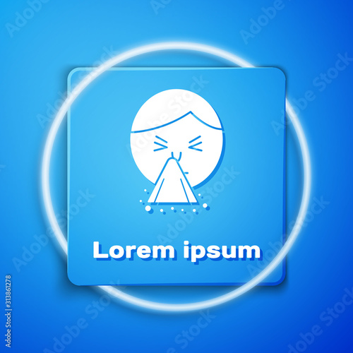 White Man holding handkerchief or napkin to his runny nose icon isolated on blue background. Coryza desease symptoms. Blue square button. Vector Illustration
